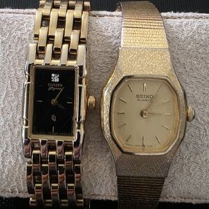 2 VTG Dainty Watch Lot Bundle Citizen Elegance CQ Tank Seiko Octagon Work 6.25"
